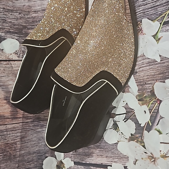 Parrazo Black Velvet & Gold Rhinestone Smoking Loafers With Gold Tip - Picture 4 of 7